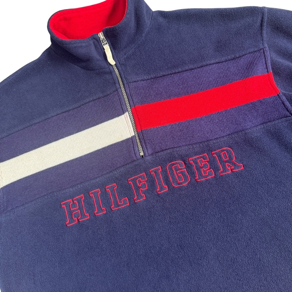 Tommy Hilfiger 1/4 Zip Fleece Pullover Men XL Navy Blue Colorblock Spellout VTG